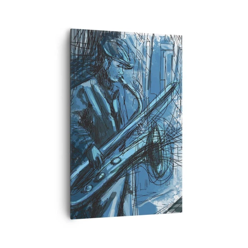 Impression sur toile - Image sur toile - Une silhouette jouant du saxophone sur fond de ville - 80x120cm - Rhapsodie urbaine - Décoration murale moderne pour le salon et la chambre ARTTOR