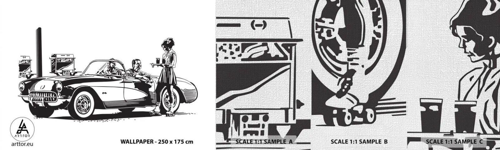 Échantillon de Papier Peint Premium Canvas - 60's - Amérique insouciante - Voiture ancienne, Station-essence, Amérique - 100x30 cm