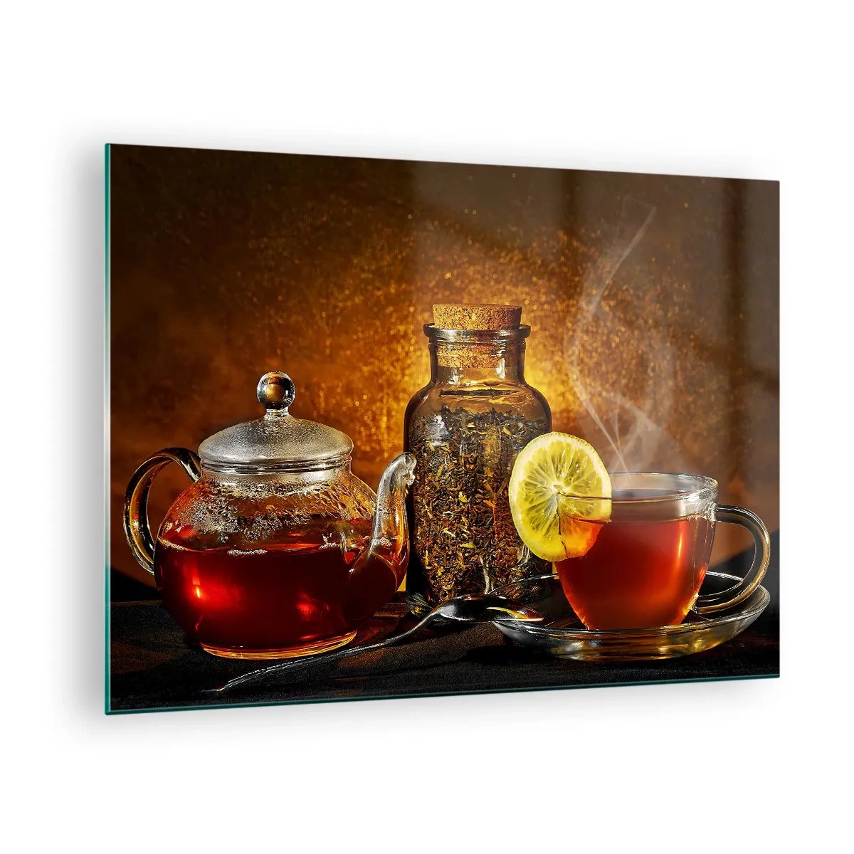 Impression sur verre - Image sur verre - Une théière en verre et une tasse de thé au citron - 70x50cm - Dans le style des maîtres hollandais - Décoration murale moderne pour le salon et la chambre ARTTOR