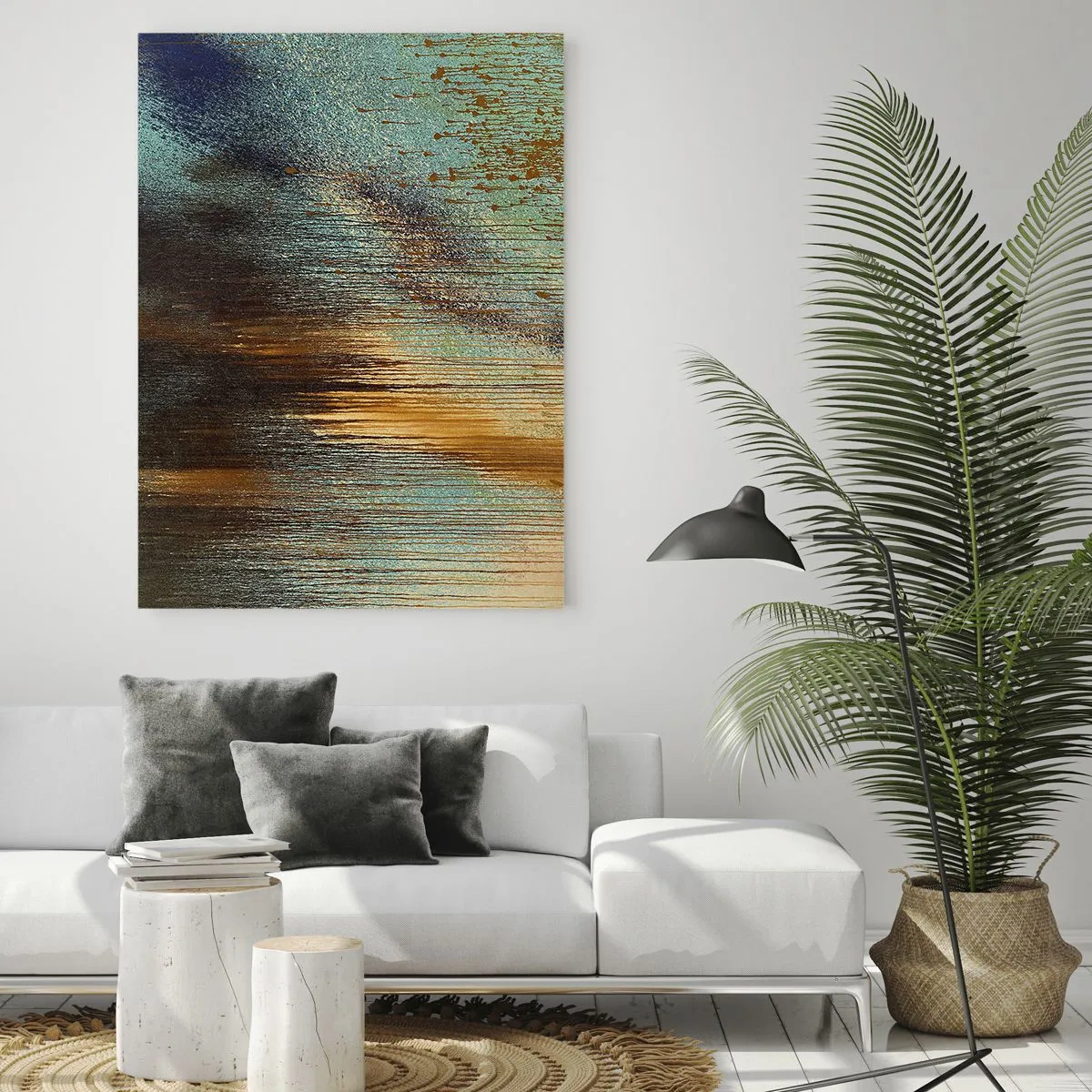 Impression sur verre - Image sur verre - Lignes et taches abstraites en or, bleu et noir - 50x70cm - Une composition de couleirs non fortuite - Décoration murale moderne pour le salon et la chambre ARTTOR