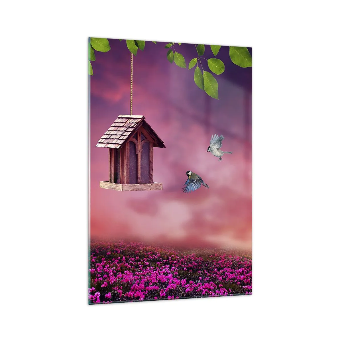 Impression sur verre - Image sur verre - Un paysage pittoresque avec un nichoir et un coucher de soleil - 70x100cm - Invitation à dîner - Décoration murale moderne pour le salon et la chambre ARTTOR