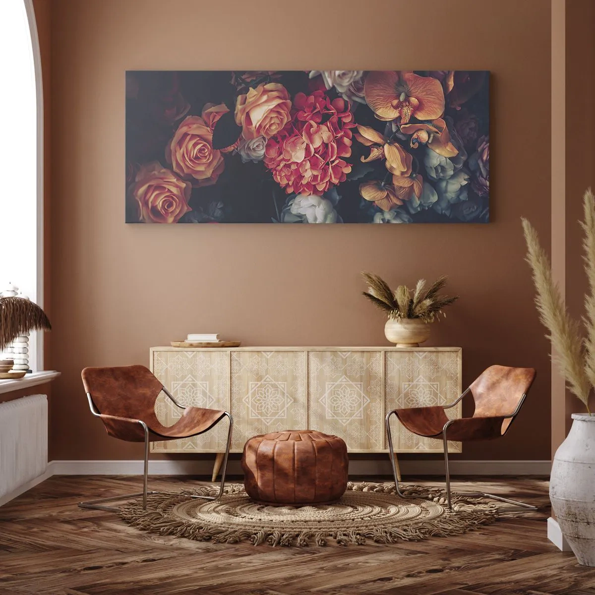Impression sur toile - Image sur toile - Un bouquet de fleurs variées aux tons sombres - 120x50cm - Comme chez les maîtres hollandais - Décoration murale moderne pour le salon et la chambre ARTTOR