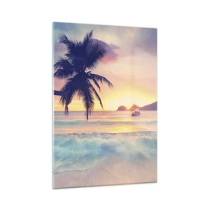 Impression sur verre - Image sur verre - Plage de palmiers au coucher du soleil avec un bateau à l'horizon - 50x70cm - Une soirée à la baie - Décoration murale moderne pour le salon et la chambre ARTTOR