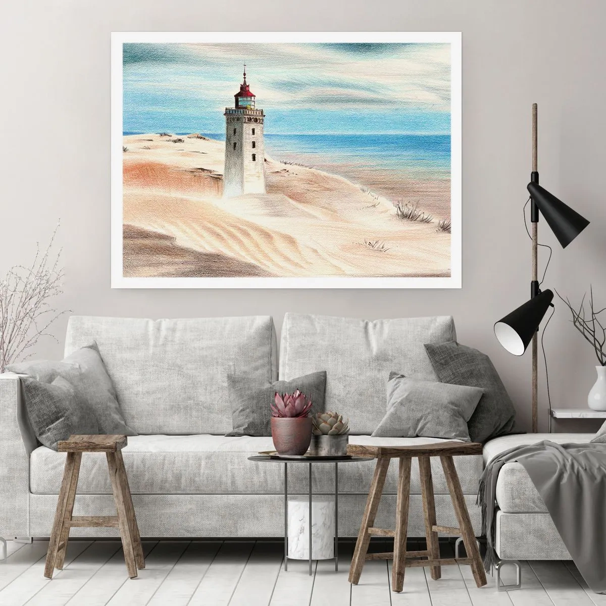 Affiche - Poster - Un phare entouré de dunes de sable et d'un ciel bleu - 100x70cm - Toujours regarder la mer - Décoration murale moderne pour le salon et la chambre ARTTOR