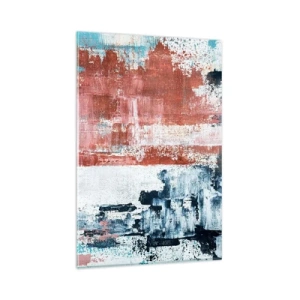 Impression sur verre - Image sur verre - Abstraction aux couleurs blanc, bleu et brique - 80x120cm - Moitié-moitié abstrait - Décoration murale moderne pour le salon et la chambre ARTTOR