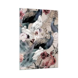 Impression sur verre - Image sur verre - Paons et flamants roses entourés de roses et de fougères - 50x70cm - Dans un jardin de palace - Décoration murale moderne pour le salon et la chambre ARTTOR