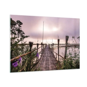 Impression sur verre - Image sur verre - Un pont en bambou traversant le lac, entouré de plantes et de fleurs - 100x70cm - Le silence et le calme d'Asie - Décoration murale moderne pour le salon et la chambre ARTTOR