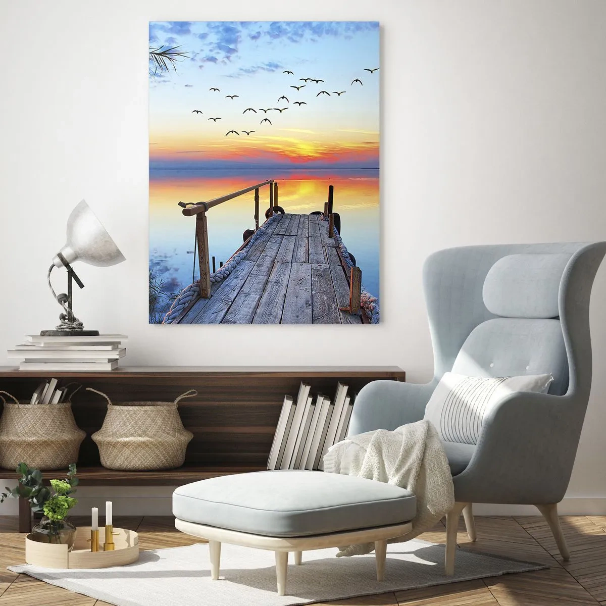 Impression sur verre - Image sur verre - Jetée en bois sur le lac au coucher du soleil - 70x100cm - Il est temps de rentrer... - Décoration murale moderne pour le salon et la chambre ARTTOR