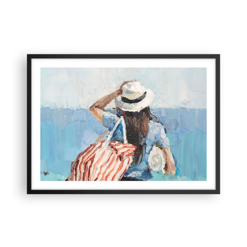Affiche dans un cadre noir - Poster - Une femme avec un chapeau contre la mer bleue - 70x50cm - Bienvenue à vos vacances - Décoration murale moderne pour le salon et la chambre ARTTOR