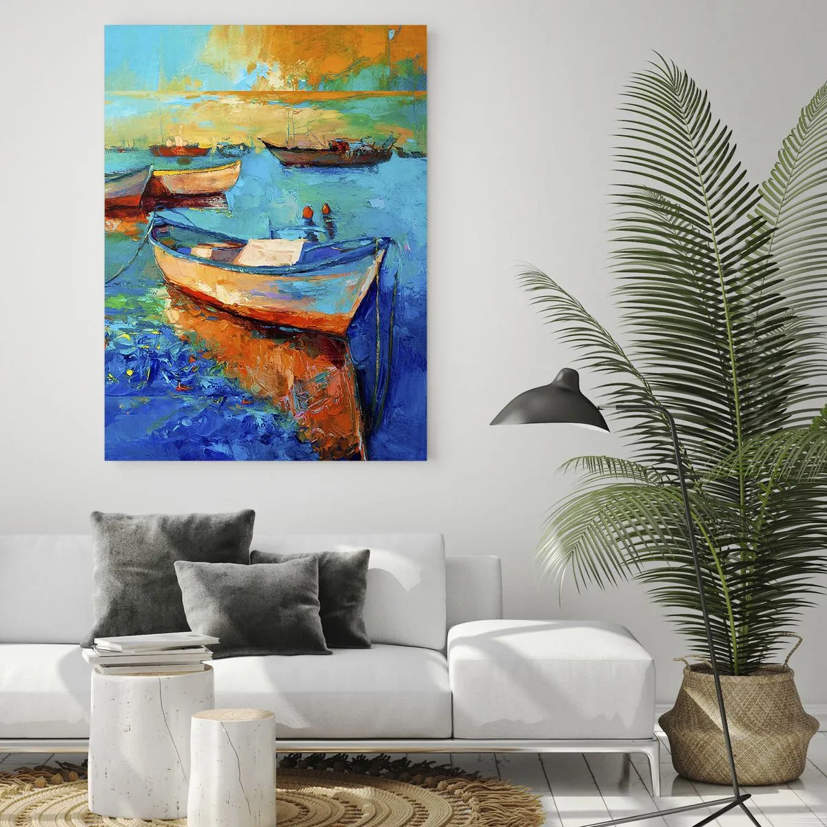 Impression sur verre - Image sur verre - Bateaux colorés amarrés sur une eau calme - 70x100cm - Dans la baie du sud - Décoration murale moderne pour le salon et la chambre ARTTOR
