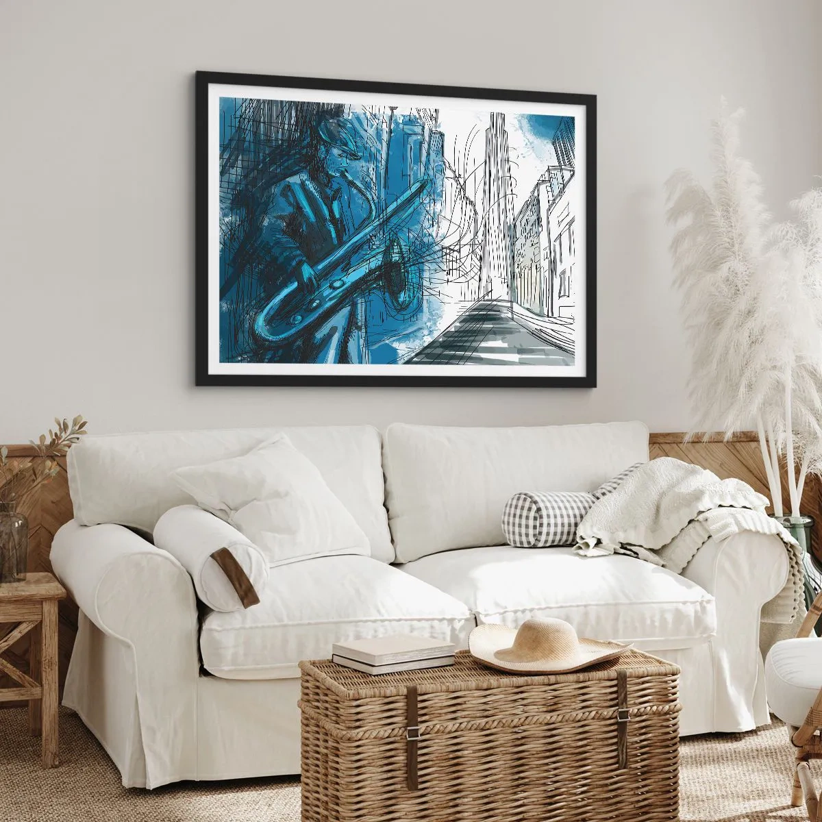 Affiche dans un cadre noir - Poster - Une silhouette jouant du saxophone sur fond de ville - 100x70cm - Rhapsodie urbaine - Décoration murale moderne pour le salon et la chambre ARTTOR