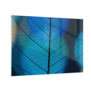 Impression sur verre - Image sur verre - Gros plan d'une feuille bleue montrant la structure des veines. - 70x50cm - Construction complexe - Décoration murale moderne pour le salon et la chambre ARTTOR