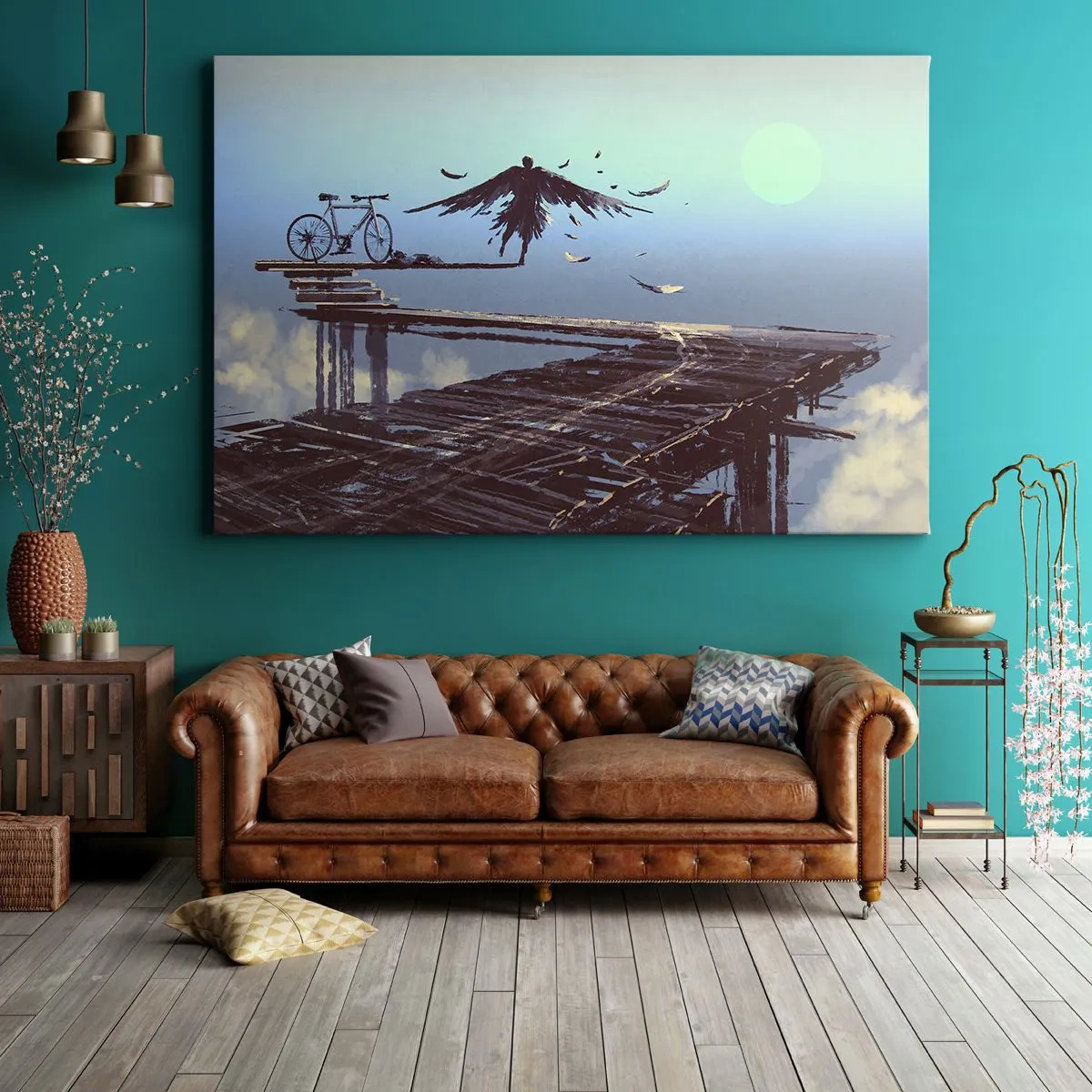 Impression sur toile - Image sur toile - Une silhouette avec des plumes plane au-dessus d'un pont en bois à côté d'un vélo. - 120x80cm - Icare est toujours vivant - Décoration murale moderne pour le salon et la chambre ARTTOR