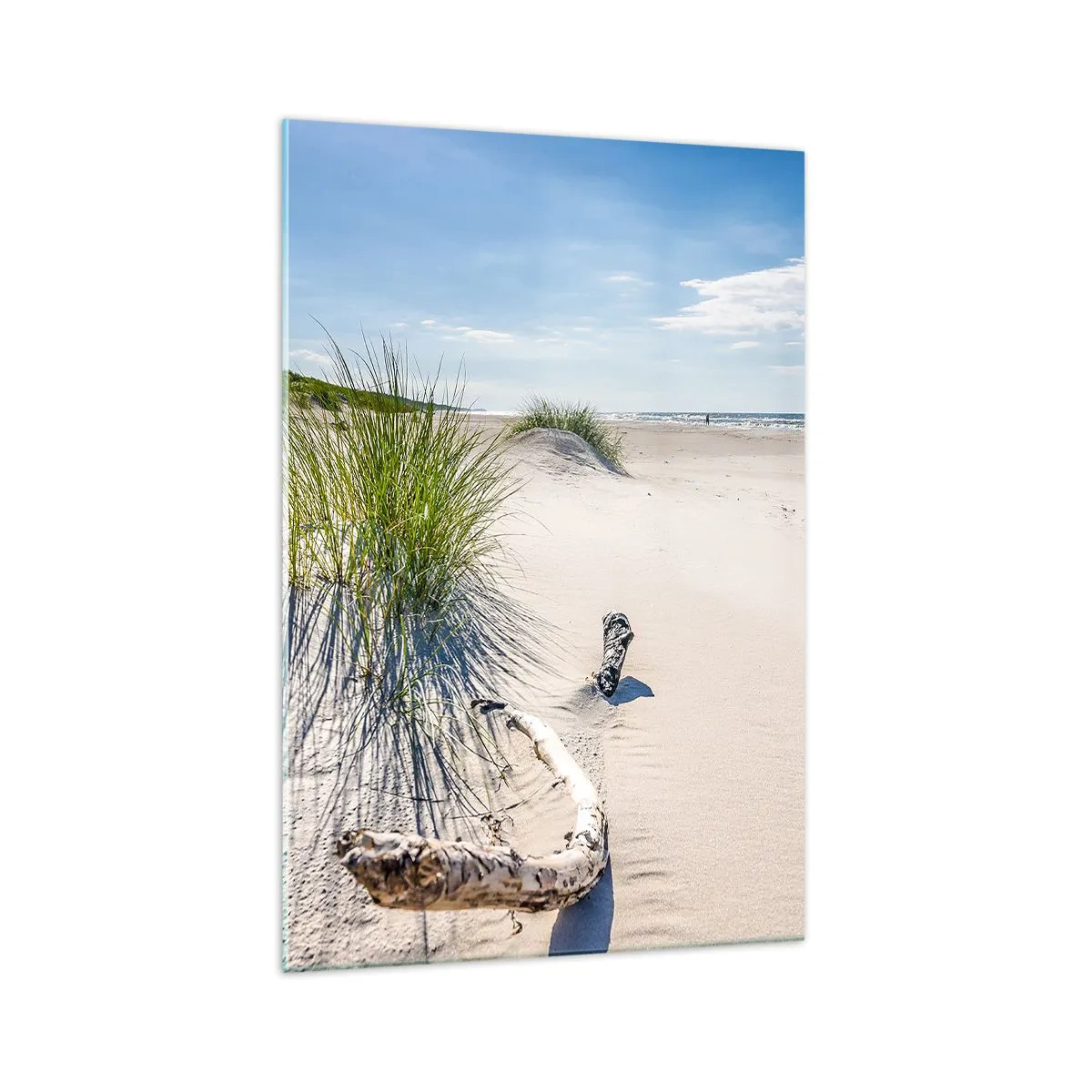 Impression sur verre - Image sur verre - Une plage baltique avec du sable, de l'herbe et un ciel bleu calme - 70x100cm - La plus belle? La Baltique - Décoration murale moderne pour le salon et la chambre ARTTOR