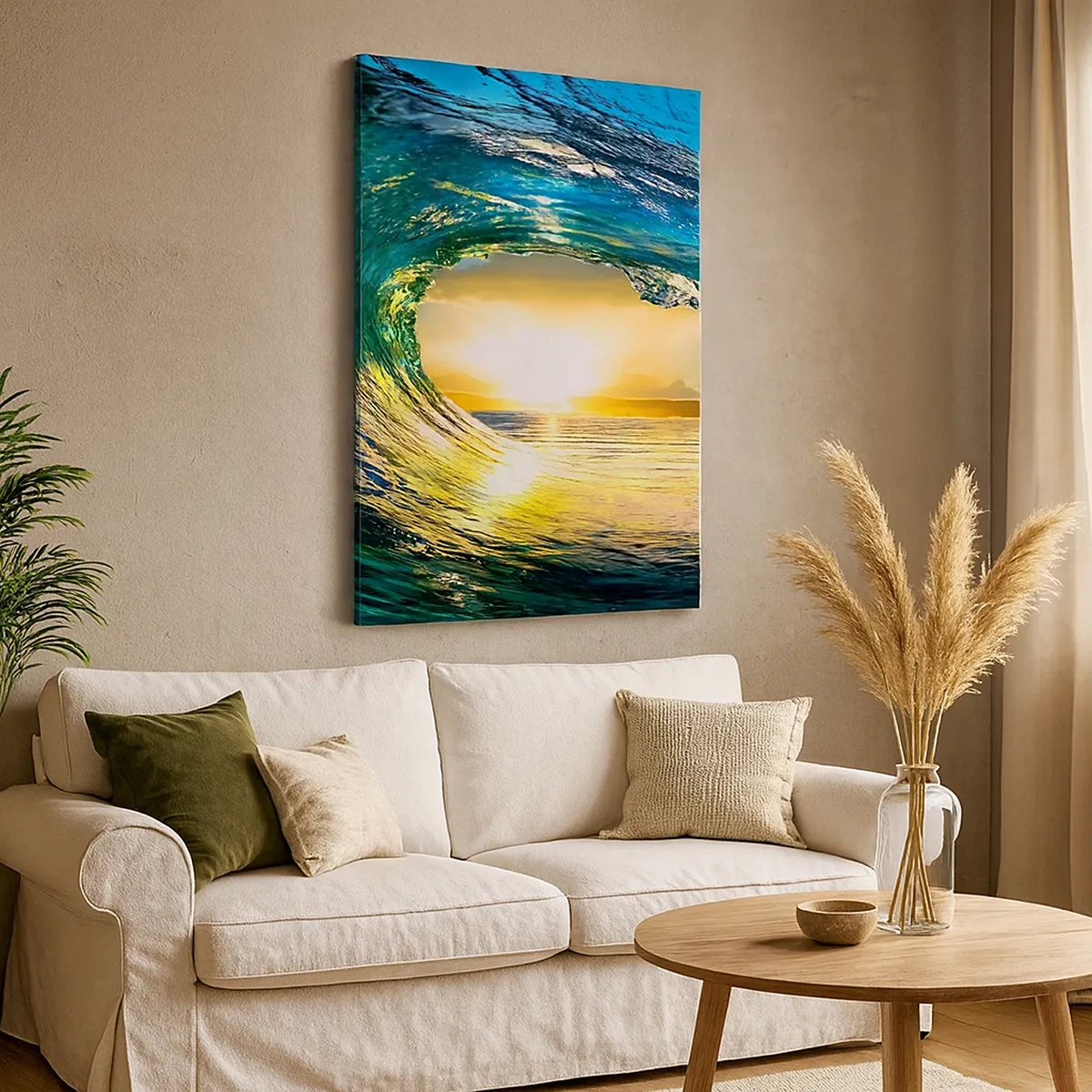 Impression sur toile - Image sur toile - Vague de l'océan au soleil avec vue sur l'horizon - 50x70cm - Dans un éclat émeraude-or - Décoration murale moderne pour le salon et la chambre ARTTOR