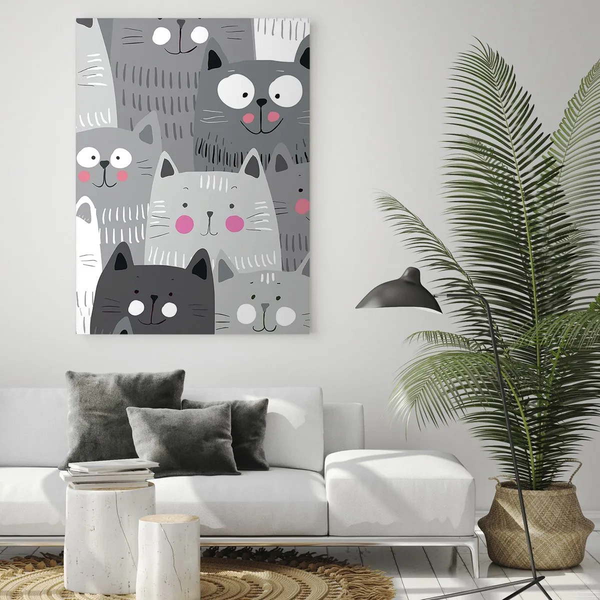 Impression sur verre - Image sur verre - Un motif amusant avec des chats dans des tons de gris - 70x100cm - Le monde des chats - Décoration murale moderne pour le salon et la chambre ARTTOR
