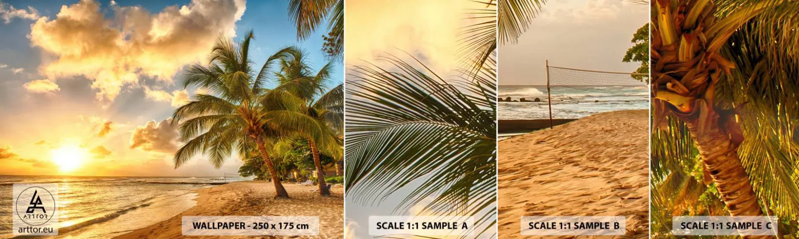 Échantillon de Papier Peint Autocollant Deluxe Sticker - Été éternel, toujours des vacances - Paysage, Plage, Cocotier - 100x30 cm