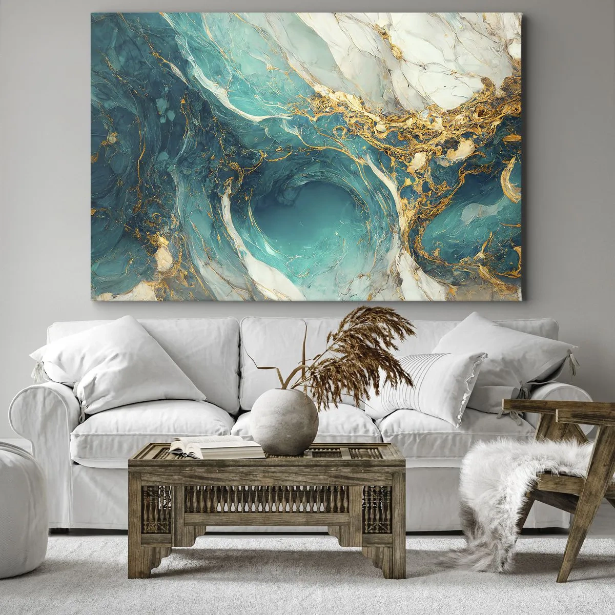 Impression sur toile - Image sur toile - Une composition abstraite dans des tons turquoise et or. - 120x80cm - Composition en veines d'or - Décoration murale moderne pour le salon et la chambre ARTTOR