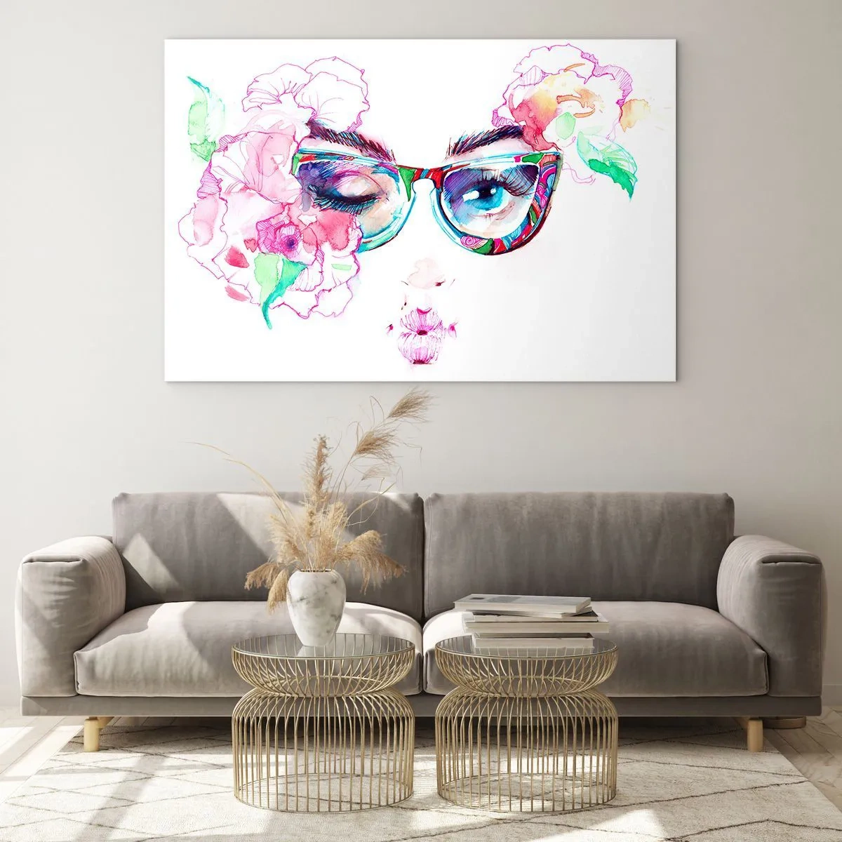 Impression sur verre - Image sur verre - Yeux de femmes avec des fleurs et des lunettes colorées dans un style aquarelle - 120x80cm - Une promesse tentante - Décoration murale moderne pour le salon et la chambre ARTTOR