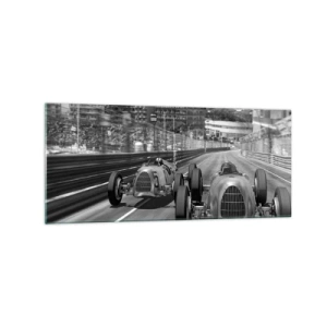 Impression sur verre - Image sur verre - Scène de course automobile rétro monochrome - 120x50cm - Il y a longtemps à Monté Carlo - Décoration murale moderne pour le salon et la chambre ARTTOR