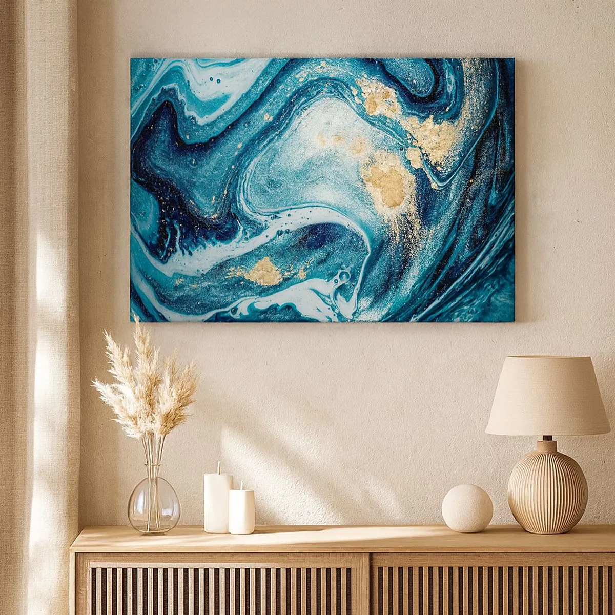 Impression sur toile - Image sur toile - Une composition abstraite de vagues et d'accents dorés - 70x50cm - Vortex bleu - Décoration murale moderne pour le salon et la chambre ARTTOR