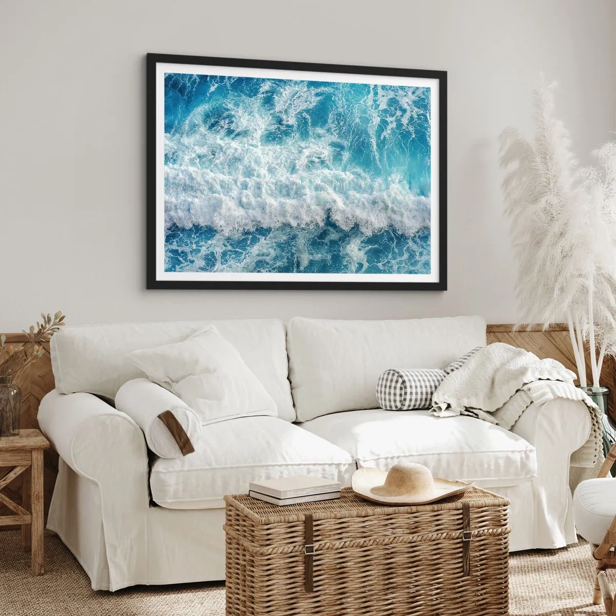 Affiche dans un cadre noir - Poster - Vagues océaniques dynamiques dans des tons de bleu - 100x70cm - Joyeusement et en sautant - Décoration murale moderne pour le salon et la chambre ARTTOR