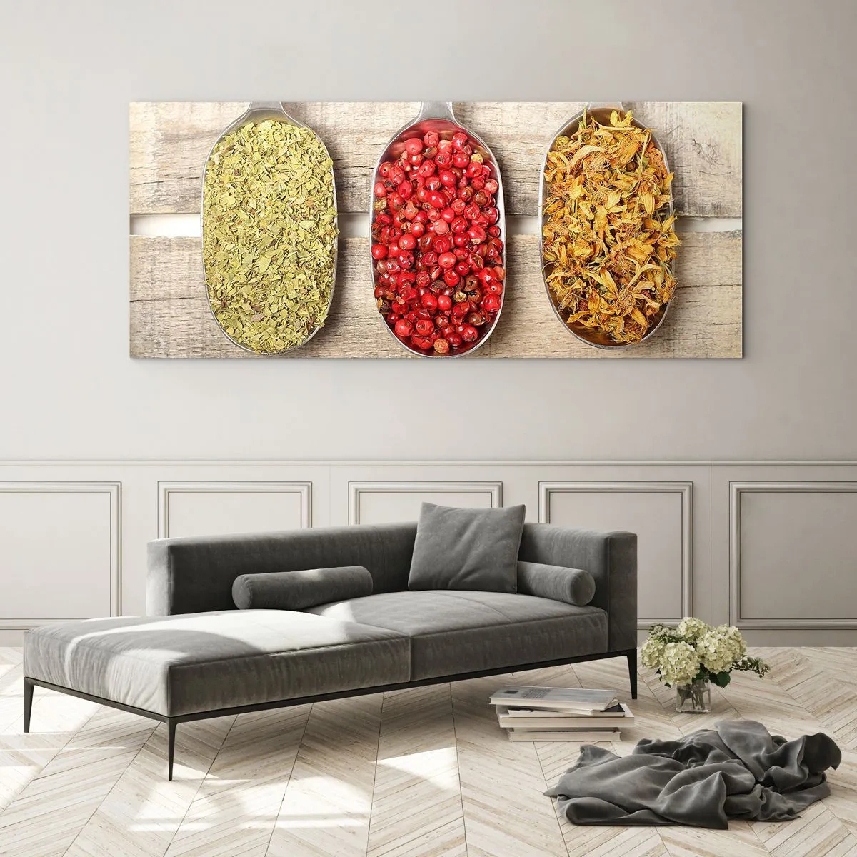Impression sur verre - Image sur verre - Trois cuillères en métal avec des épices sur un fond en bois - 160x50cm - Magie de la cuisine - Décoration murale moderne pour le salon et la chambre ARTTOR