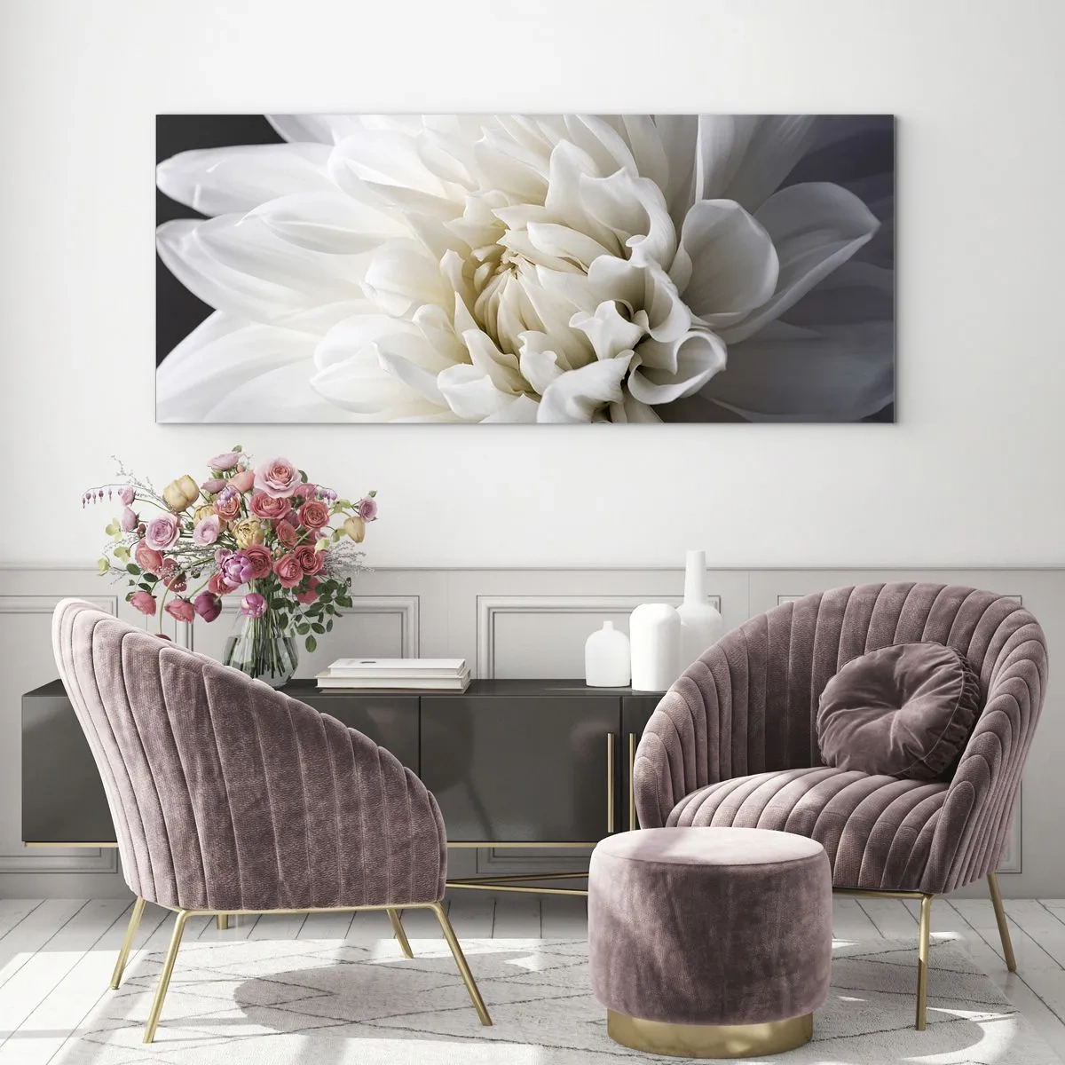 Impression sur verre - Image sur verre - Une délicate fleur blanche sur fond noir dans une composition élégante - 120x50cm - Le matin de la jeune mariéé - Décoration murale moderne pour le salon et la chambre ARTTOR