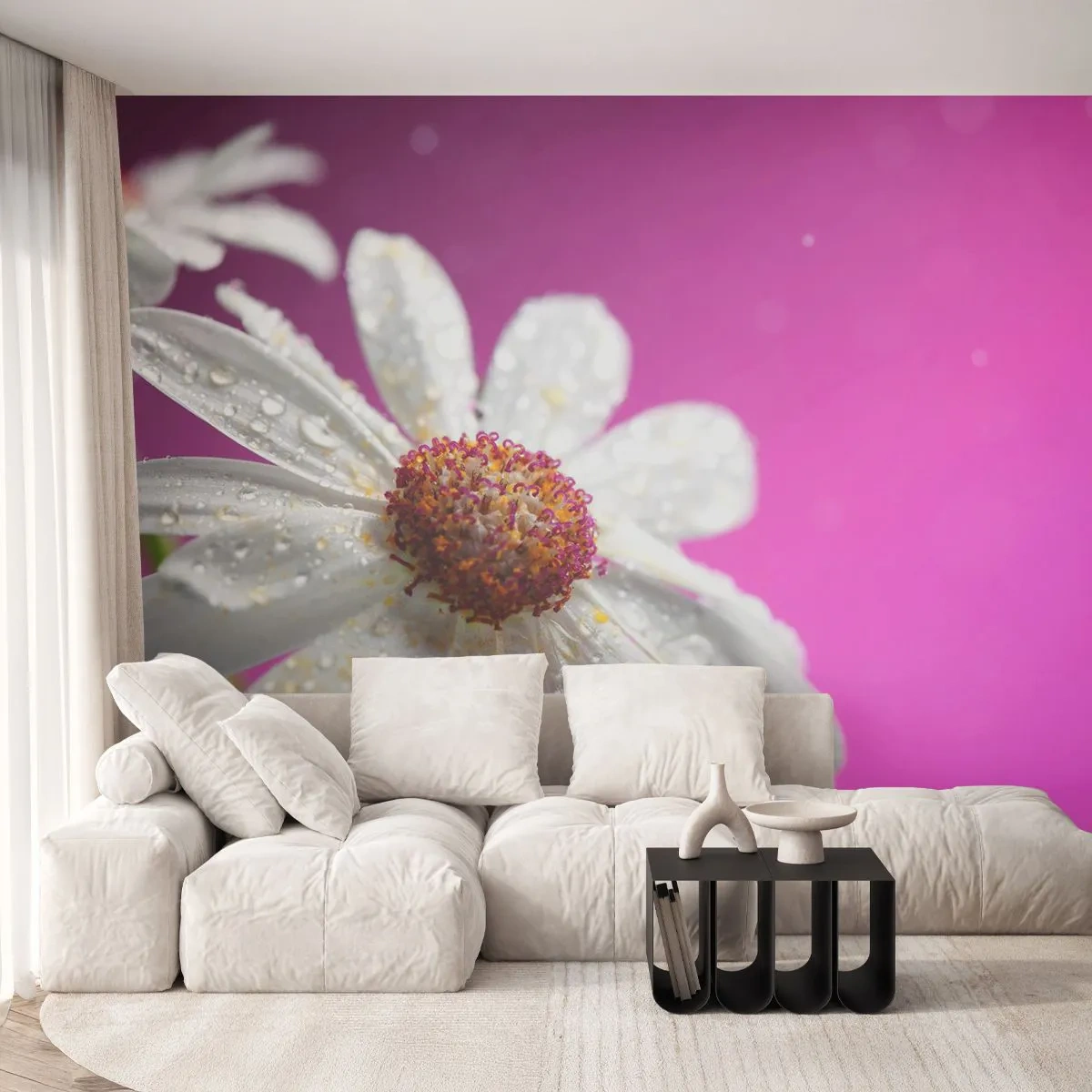 Papier Peint Photo Premium Canvas - Une marguerite blanche recouverte de gouttes d'eau sur un fond rose - 100x70cm - Modeste dans sa beauté - Décoration murale moderne pour le salon et la chambre ARTTOR