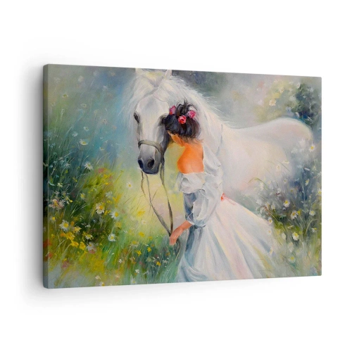 Impression sur toile - Image sur toile - Une femme avec un cheval blanc dans un cadre pittoresque - 70x50cm - Comme dans un beau rêve - Décoration murale moderne pour le salon et la chambre ARTTOR