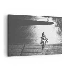 Impression sur toile - Image sur toile - Silhouette noire et blanche d'un cycliste sur une rue mouillée - 120x80cm - Devant moi, à travers la ville - Décoration murale moderne pour le salon et la chambre ARTTOR