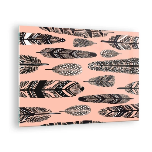 Impression sur verre - Image sur verre - Plumes décoratives à motifs noirs et blancs sur fond rose - 70x50cm - Collection indienne - Décoration murale moderne pour le salon et la chambre ARTTOR