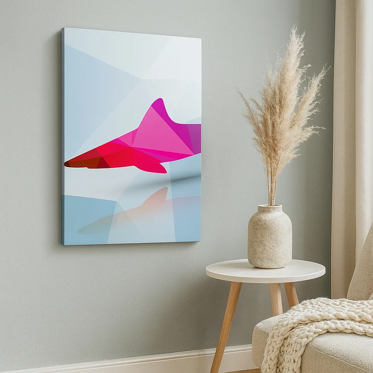 Impression sur toile - Image sur toile - Silhouette de requin géométrique dans les tons rose et bleu - 50x70cm - Un requin dans un espace de cristal - Décoration murale moderne pour le salon et la chambre ARTTOR