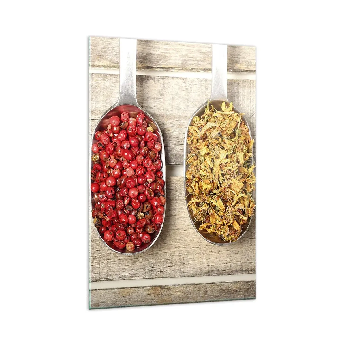 Impression sur verre - Image sur verre - Trois cuillères en métal avec des épices sur un fond en bois - 80x120cm - Magie de la cuisine - Décoration murale moderne pour le salon et la chambre ARTTOR