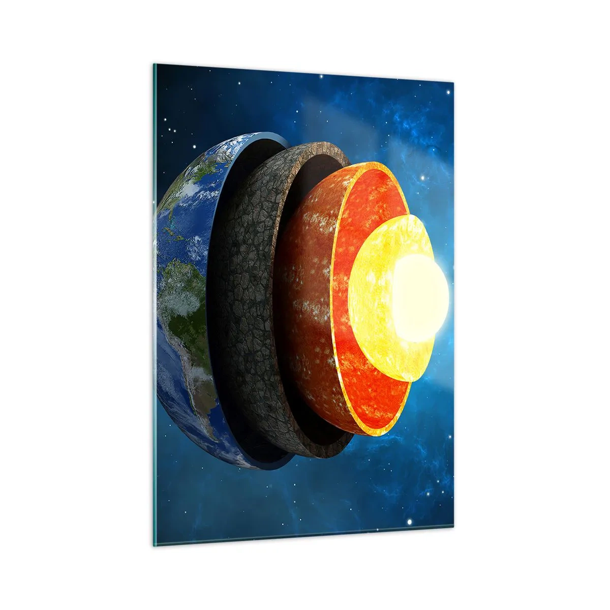 Impression sur verre - Image sur verre - Une coupe transversale de la Terre montrant ses couches sur fond d'espace. - 50x70cm - Voyage au centre de la terre - Décoration murale moderne pour le salon et la chambre ARTTOR