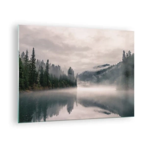 Impression sur verre - Image sur verre - Vue matinale d'un lac dans la forêt, enveloppé de brouillard - 70x50cm - Reflet dans le brouillard - Décoration murale moderne pour le salon et la chambre ARTTOR