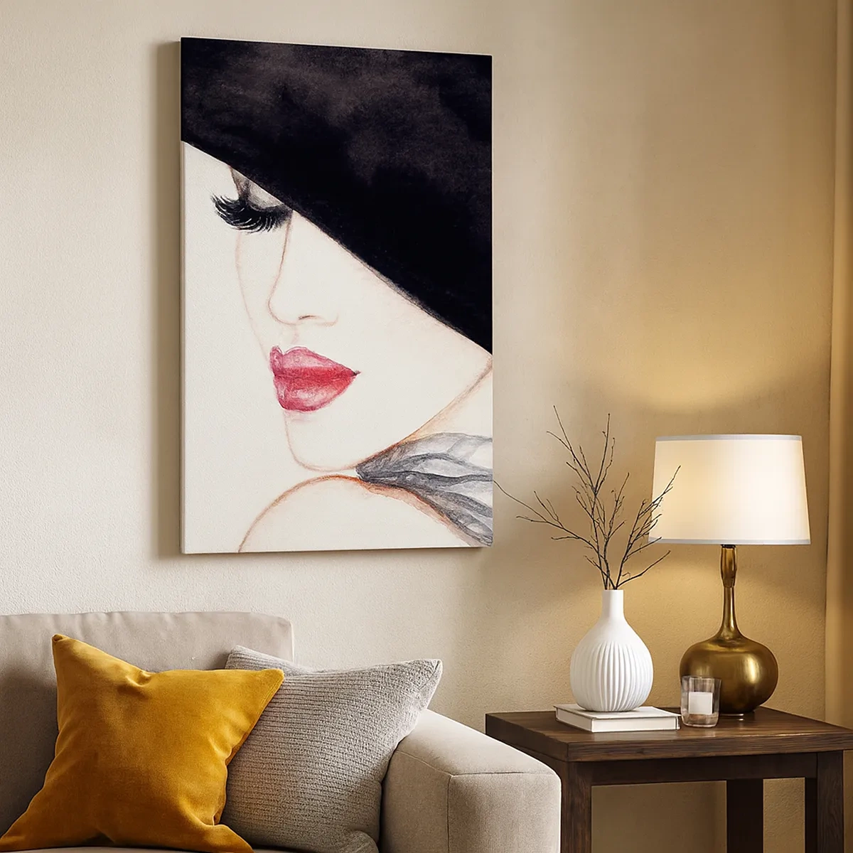 Impression sur toile - Image sur toile - Une illustration subtile d'une femme portant un chapeau noir et des lèvres rouges - 50x70cm - Élégance et sensualité - Décoration murale moderne pour le salon et la chambre ARTTOR