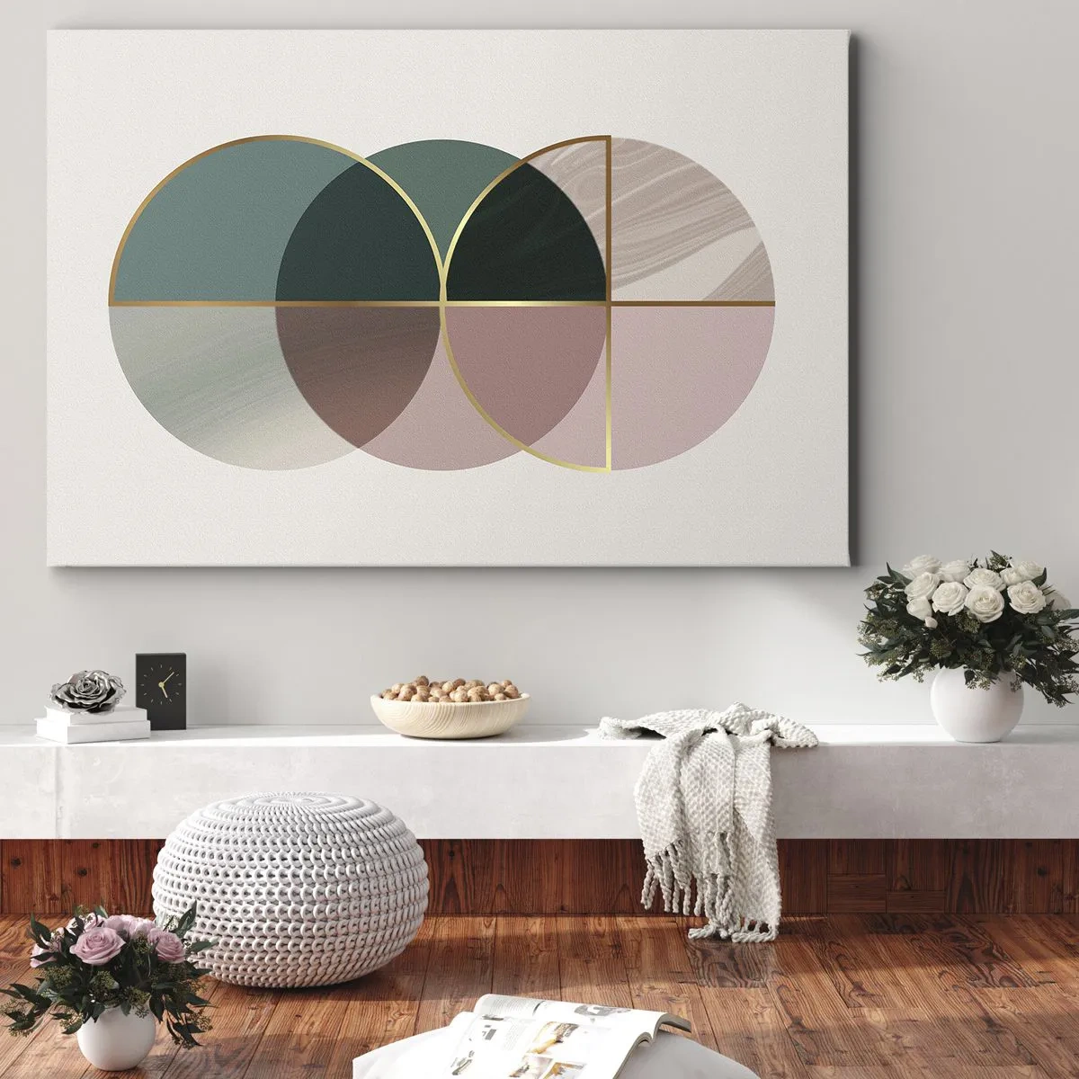 Impression sur toile - Image sur toile - Une composition abstraite de formes géométriques et de lignes dorées. - 70x50cm - Cercles après cercles - Décoration murale moderne pour le salon et la chambre ARTTOR