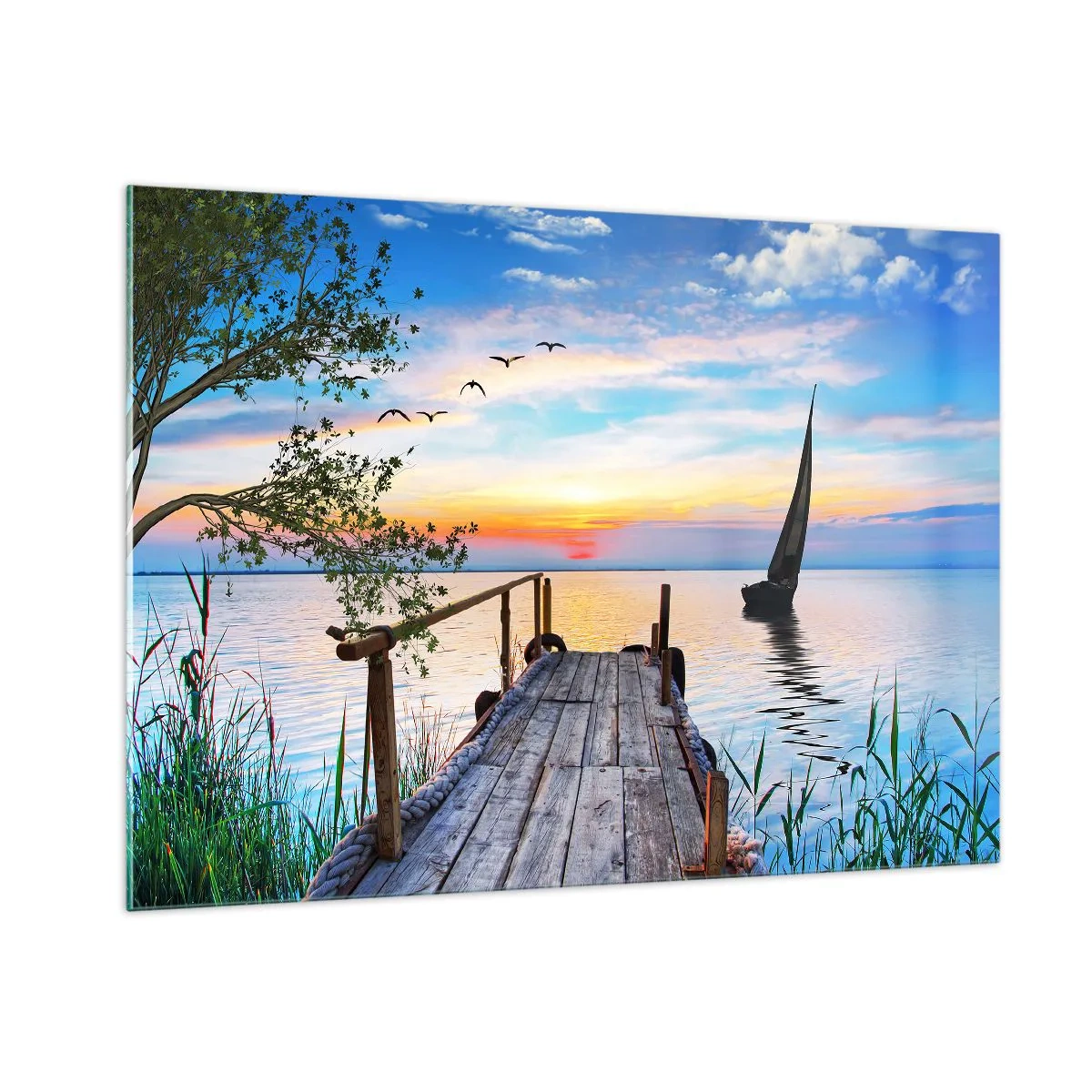 Impression sur verre - Image sur verre - Une jetée au bord du lac au coucher du soleil avec un voilier en arrière-plan - 100x70cm - Bonsoir! - Décoration murale moderne pour le salon et la chambre ARTTOR
