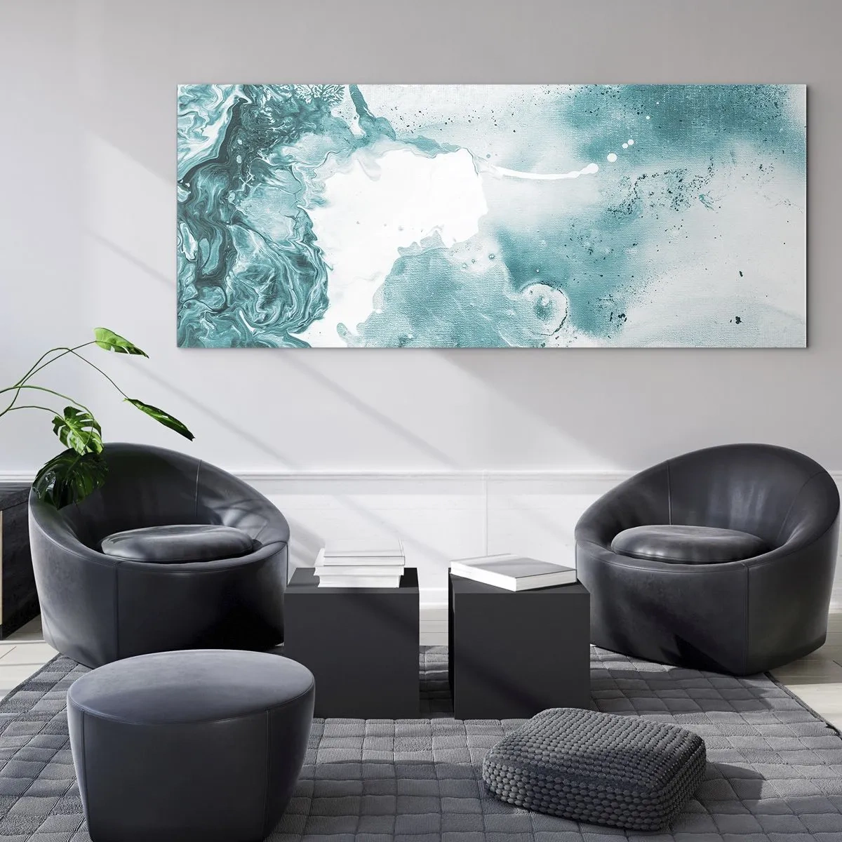 Impression sur verre - Image sur verre - Abstraction dans des tons de bleu avec de délicats accents de blanc - 120x50cm - Marécage bleu - Décoration murale moderne pour le salon et la chambre ARTTOR