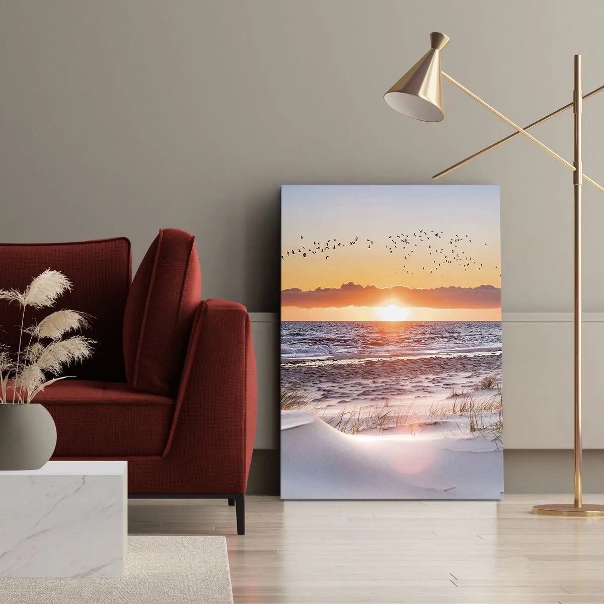 Impression sur toile - Image sur toile - Coucher de soleil sur la mer avec vue sur les dunes - 70x100cm - Paysage horizontal - Décoration murale moderne pour le salon et la chambre ARTTOR