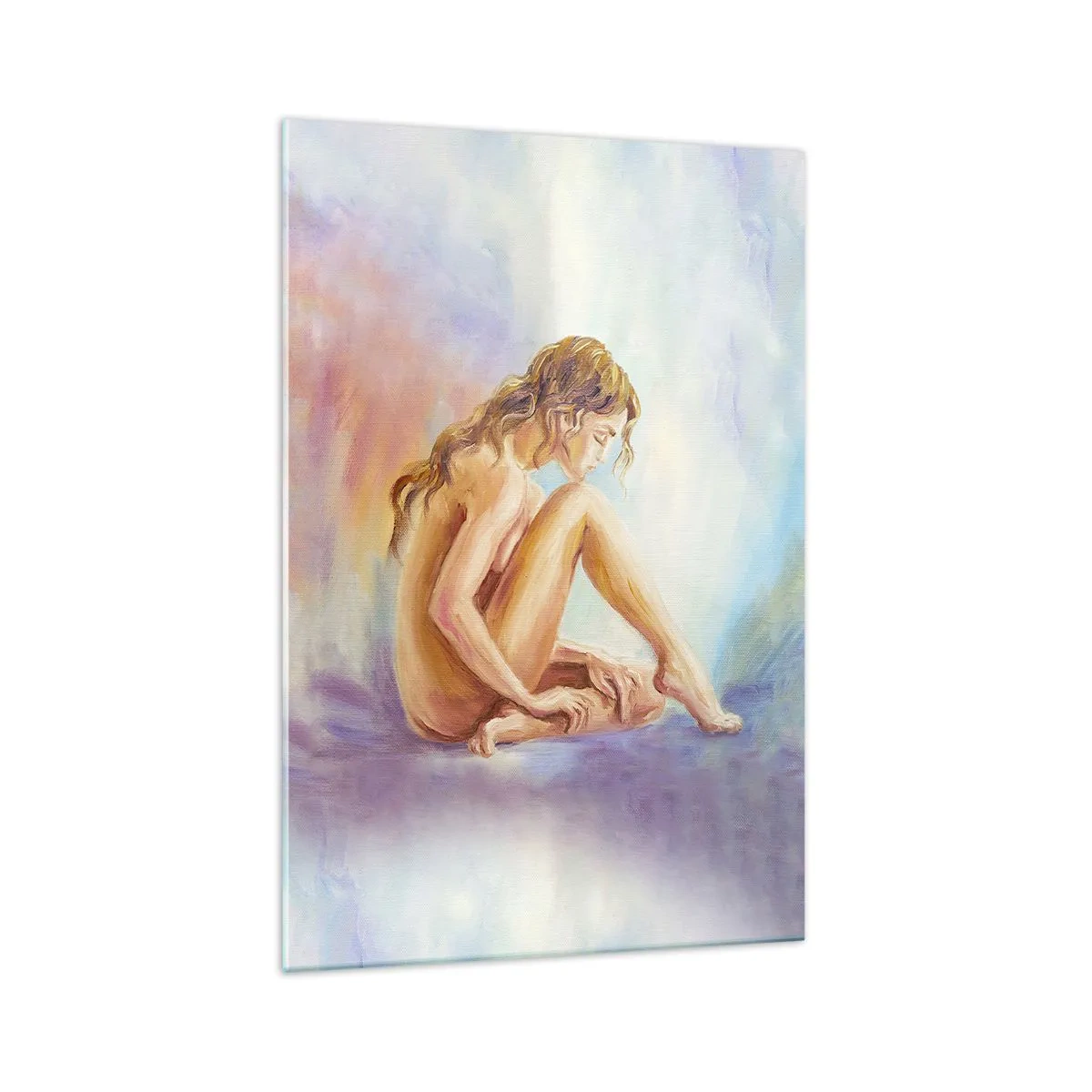 Impression sur verre - Image sur verre - Une délicate figure de femme sur un fond pastel - 70x100cm - Acte de jeunesse - Décoration murale moderne pour le salon et la chambre ARTTOR