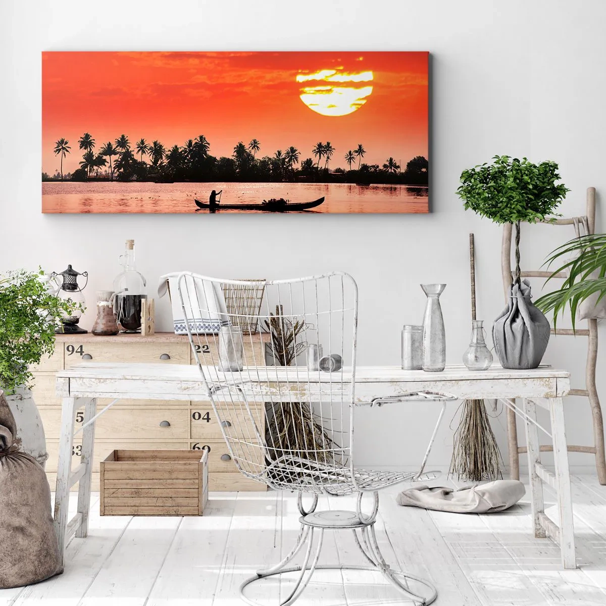 Impression sur toile - Image sur toile - Coucher de soleil tropical avec un bateau et des palmiers en arrière-plan - 120x50cm - La tranquillité des tropiques au coucher du soleil - Décoration murale moderne pour le salon et la chambre ARTTOR