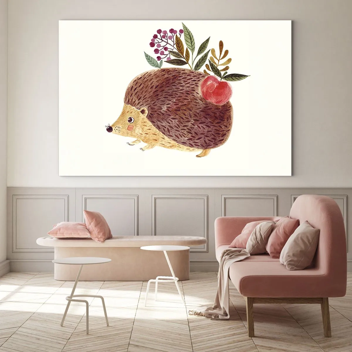 Impression sur verre - Image sur verre - Un hérisson de dessin animé avec une pomme et des brindilles sur le dos - 120x80cm - Et tu m’apprécies déjà - Décoration murale moderne pour le salon et la chambre ARTTOR