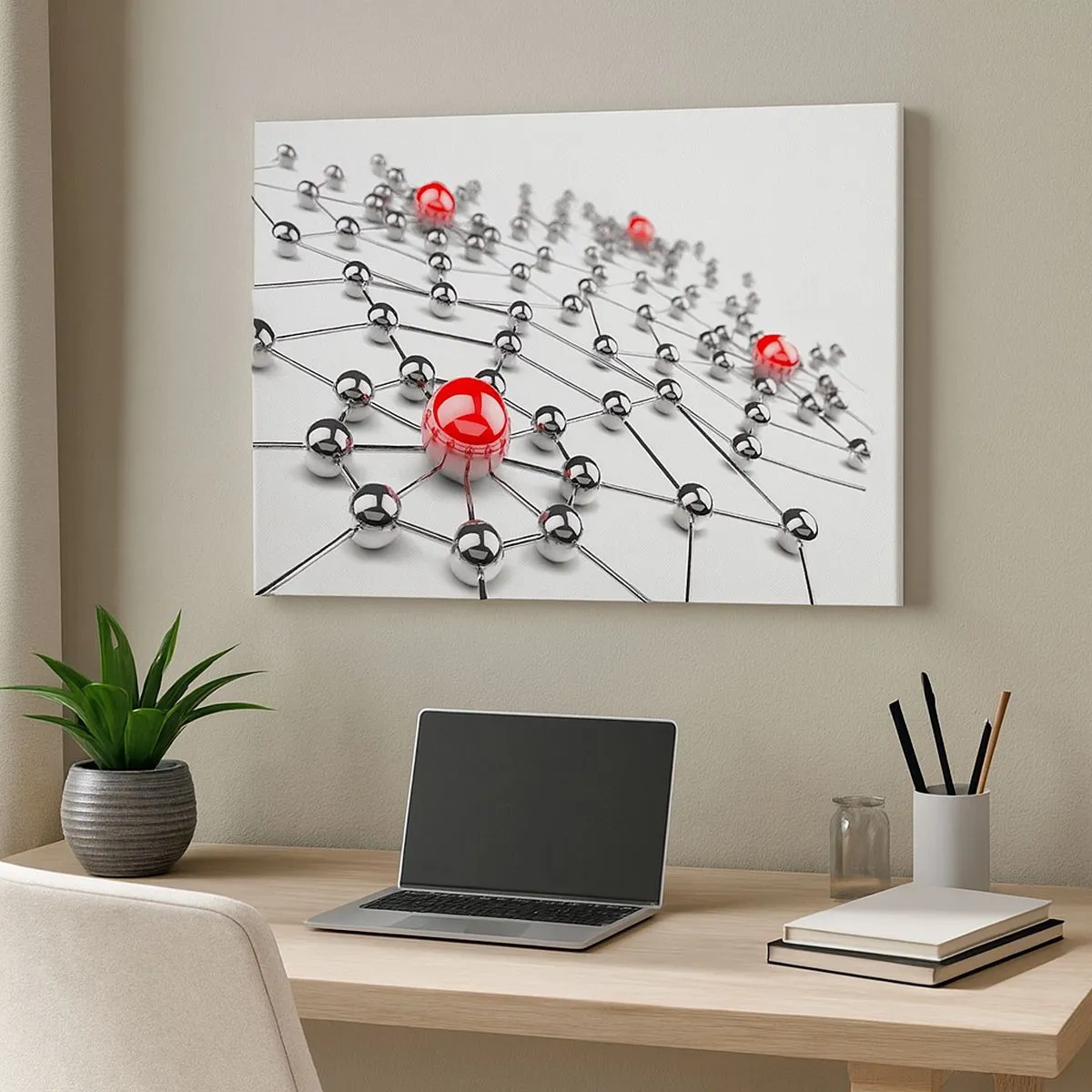 Impression sur toile - Image sur toile - Un réseau de boules métalliques aux accents rouges - 70x50cm - Toile argentée - Décoration murale moderne pour le salon et la chambre ARTTOR