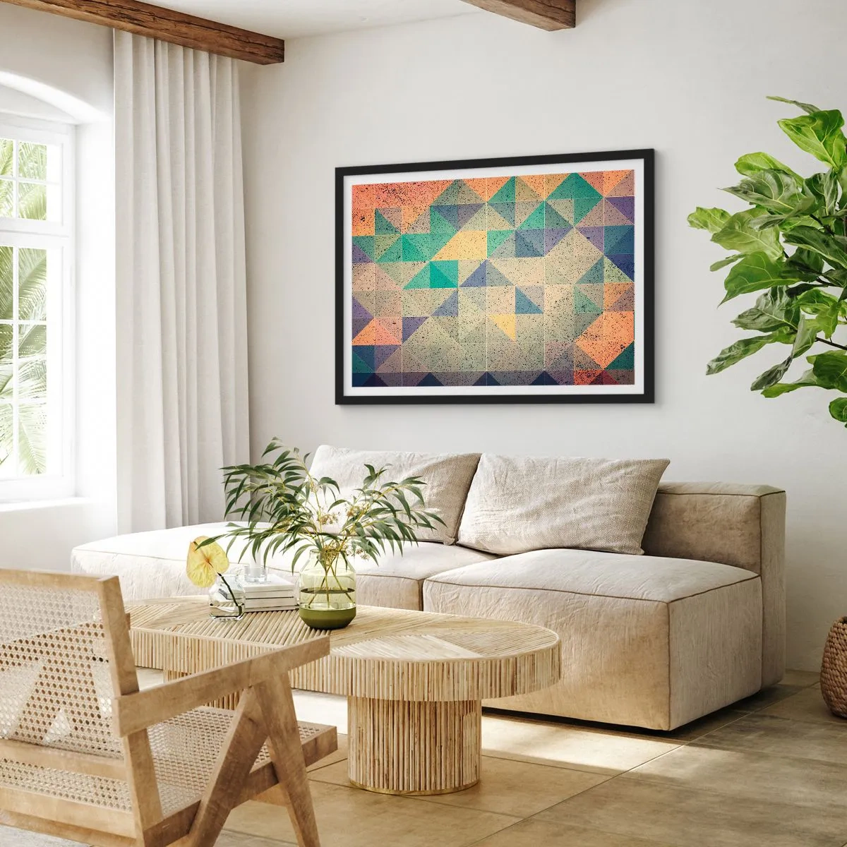 Affiche dans un cadre noir - Poster - Une composition colorée de triangles géométriques dans des tons pastel. - 70x50cm - République des triangles - Décoration murale moderne pour le salon et la chambre ARTTOR