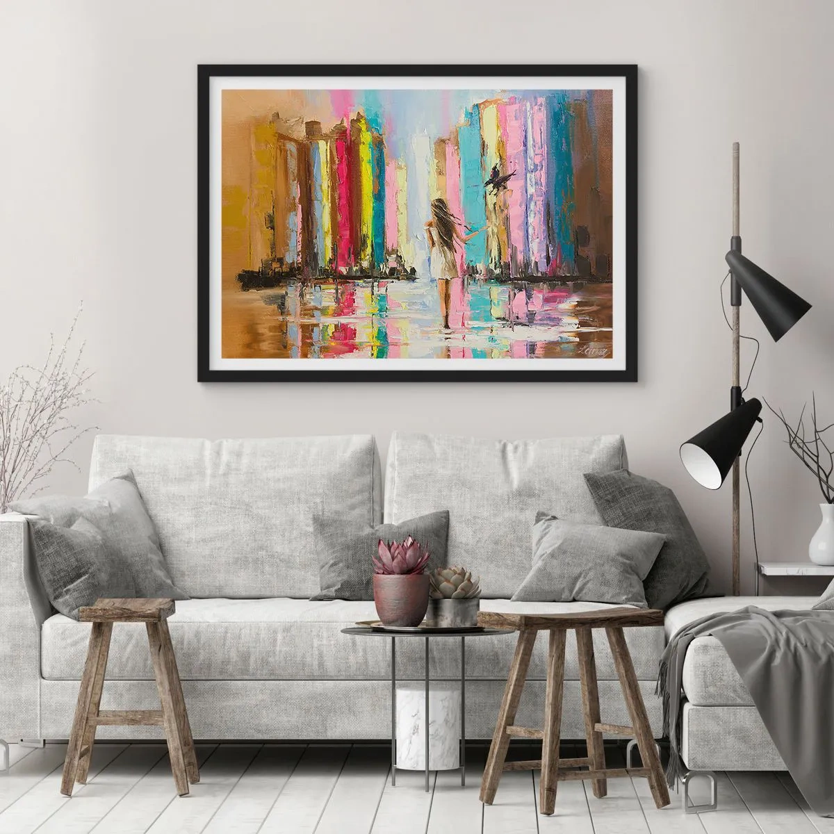 Affiche dans un cadre noir - Poster - Une ville colorée et une femme en robe blanche avec un oiseau - 100x70cm - Viens avec moi - Décoration murale moderne pour le salon et la chambre ARTTOR