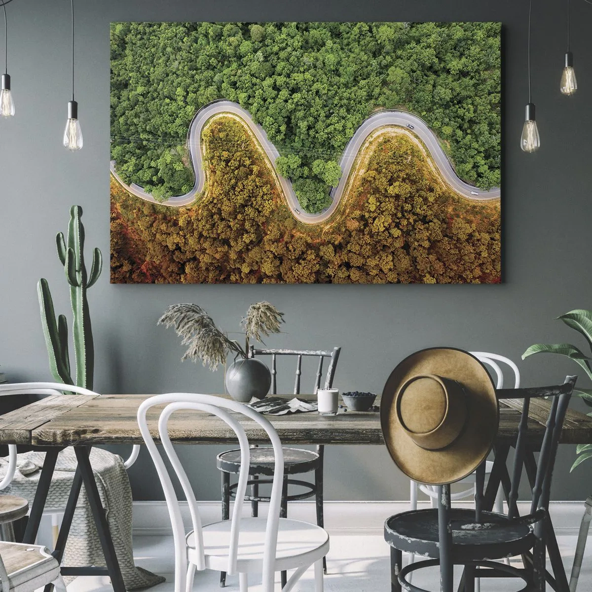 Impression sur toile - Image sur toile - Une route sinueuse à travers la forêt vue à vol d'oiseau - 100x70cm - Frontieres et differences - Décoration murale moderne pour le salon et la chambre ARTTOR