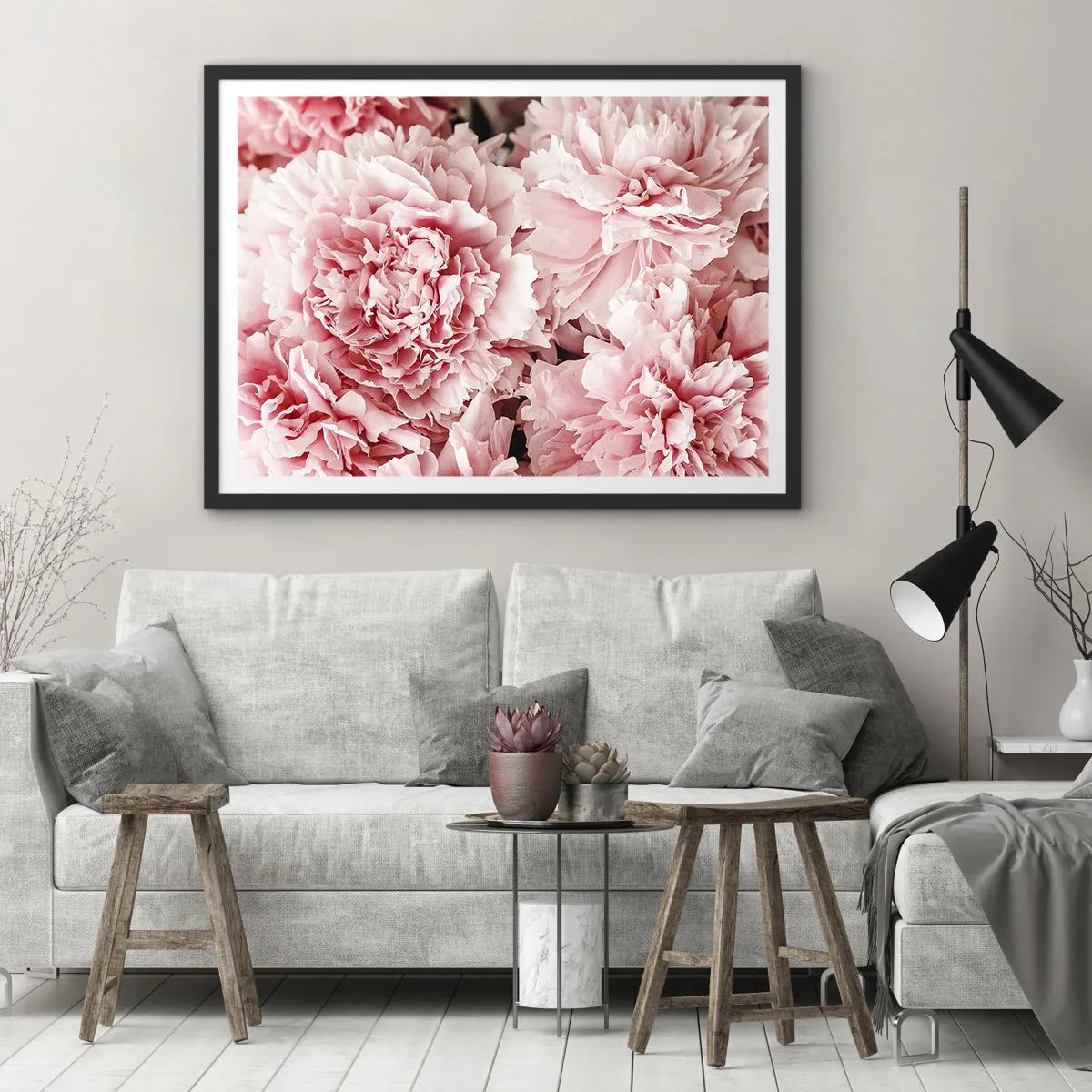 Affiche dans un cadre noir - Poster - Pivoines roses subtiles dans un décor délicat - 70x50cm - Rêve rose - Décoration murale moderne pour le salon et la chambre ARTTOR