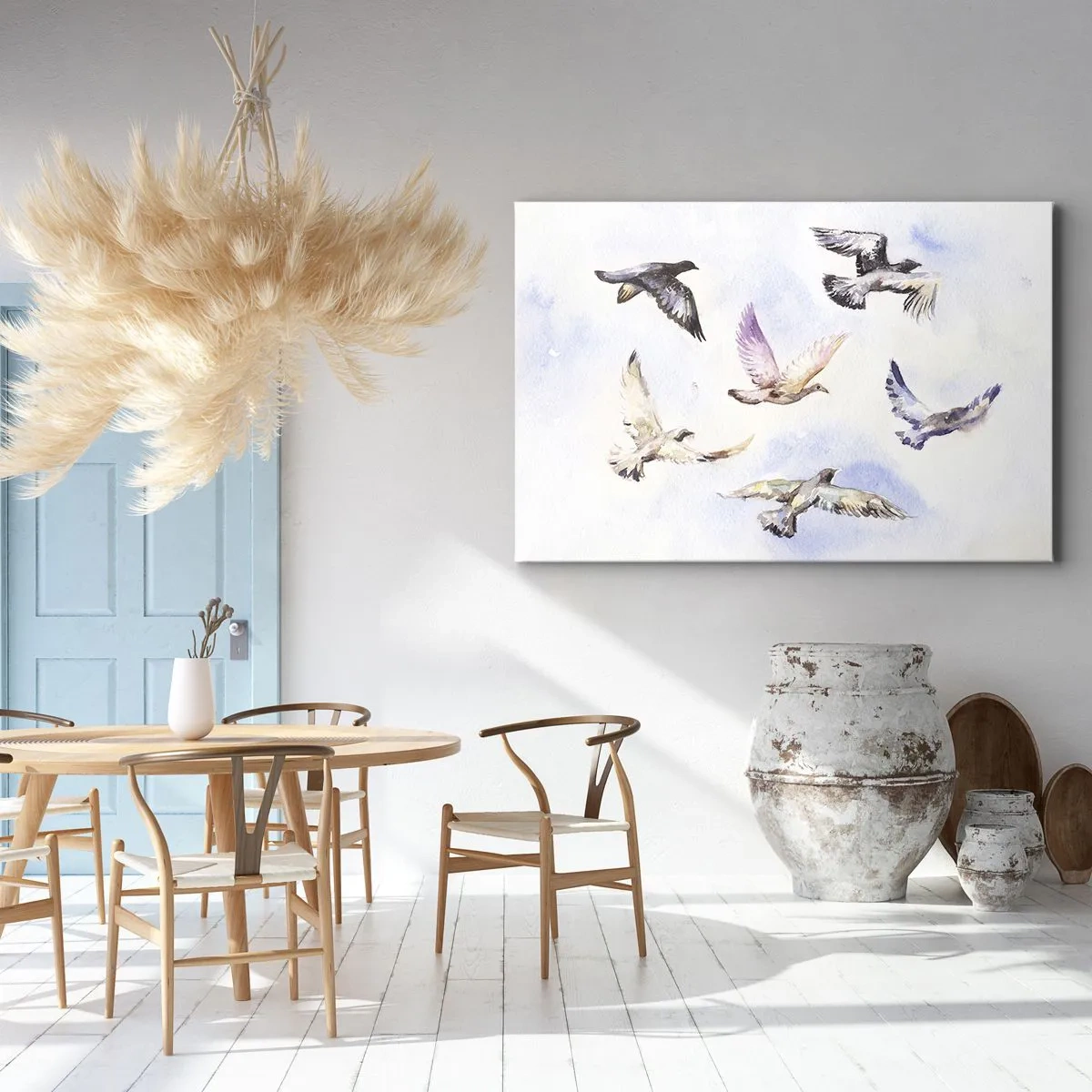 Impression sur toile - Image sur toile - Oiseaux à l'aquarelle en vol sur un ciel délicat - 120x80cm - Liberté en gris et bleu - Décoration murale moderne pour le salon et la chambre ARTTOR